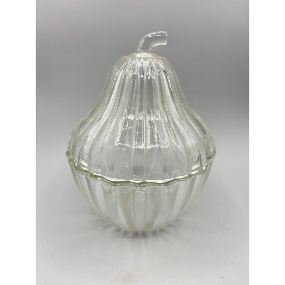 Vintage Clear Ribbed‎ Glass Pear Shaped Lidded Candy Dish Trinket Jar 7.5 Inch